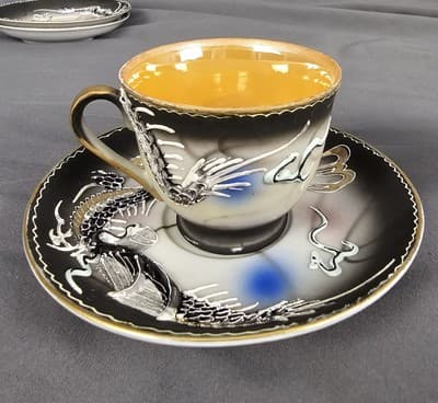 2 Vtg Asian Dragon Ware Hand Painted Dematisse Tea Cup & Saucer Raised Design - Thumbnail 5