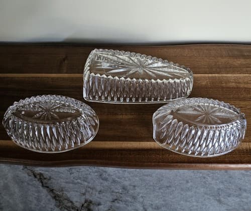 Vintage Set/3 Crystal Cut Clear Glass Condiment Dish Mustard Jam Jelly Jar & Spo - Thumbnail 7