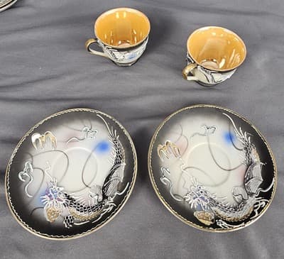 2 Vtg Asian Dragon Ware Hand Painted Dematisse Tea Cup & Saucer Raised Design - Thumbnail 6