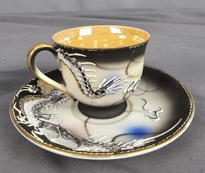 2 Vtg Asian Dragon Ware Hand Painted Dematisse Tea Cup & Saucer Raised Design - Thumbnail 4