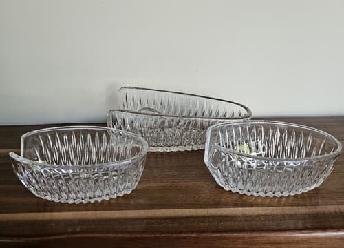 Vintage Set/3 Crystal Cut Clear Glass Condiment Dish Mustard Jam Jelly Jar & Spo - Thumbnail 2