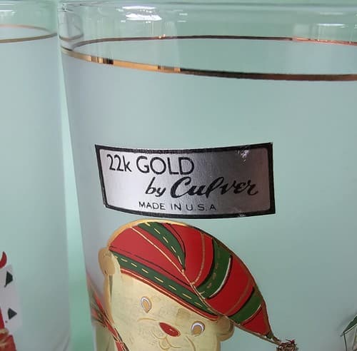 4 Culver 12 oz, Christmas Glasses, 24kt Gold, Gold Bears on Frosted Glass - Thumbnail 8