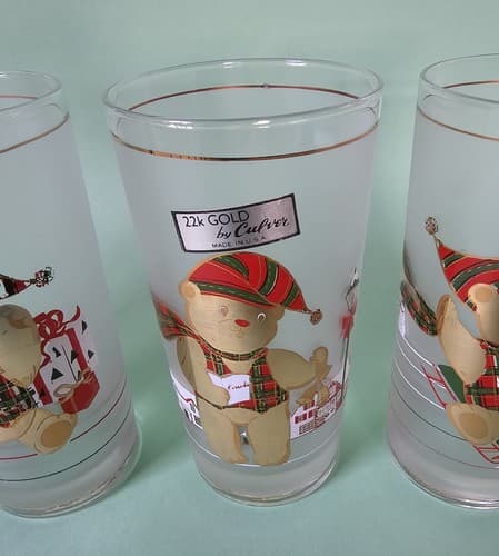 4 Culver 12 oz, Christmas Glasses, 24kt Gold, Gold Bears on Frosted Glass - Thumbnail 4