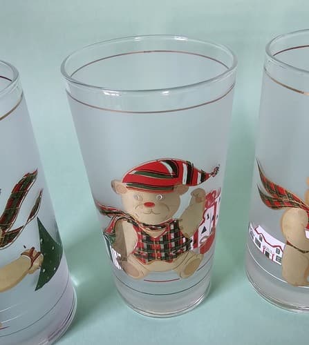 4 Culver 12 oz, Christmas Glasses, 24kt Gold, Gold Bears on Frosted Glass - Thumbnail 3