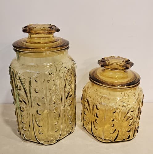 VTG LE Smith Glass Canister Set (2) Honey Amber Atterbury Scroll Pattern - Thumbnail 3