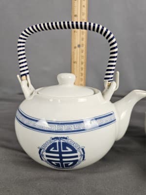 Antique Japanese Wicker Handle Blue & White Floral Teapot W/ 4 Cups Marked - Thumbnail 10