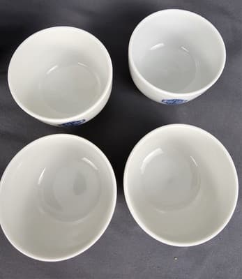 Antique Japanese Wicker Handle Blue & White Floral Teapot W/ 4 Cups Marked - Thumbnail 3