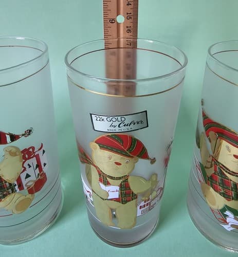 4 Culver 12 oz, Christmas Glasses, 24kt Gold, Gold Bears on Frosted Glass - Thumbnail 10