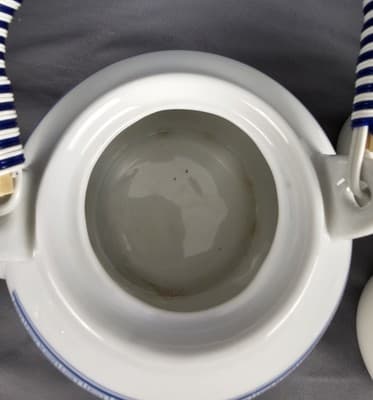 Antique Japanese Wicker Handle Blue & White Floral Teapot W/ 4 Cups Marked - Thumbnail 7