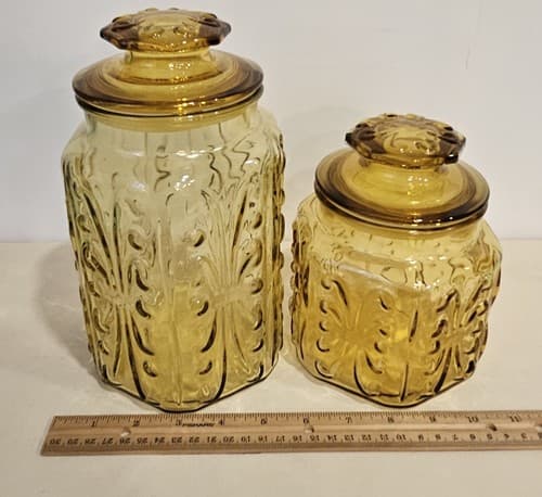 VTG LE Smith Glass Canister Set (2) Honey Amber Atterbury Scroll Pattern - Thumbnail 15