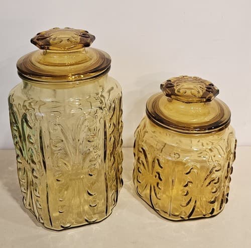 VTG LE Smith Glass Canister Set (2) Honey Amber Atterbury Scroll Pattern - Thumbnail 2
