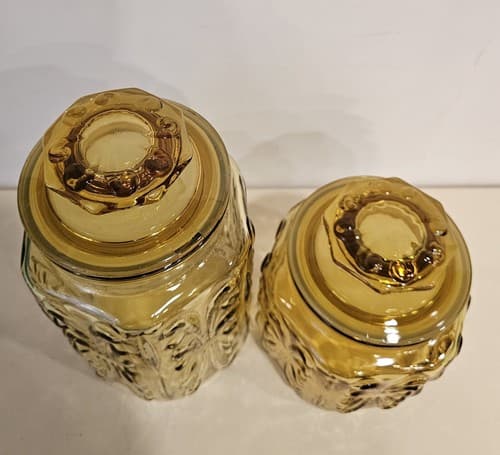 VTG LE Smith Glass Canister Set (2) Honey Amber Atterbury Scroll Pattern - Thumbnail 4
