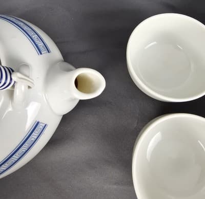 Antique Japanese Wicker Handle Blue & White Floral Teapot W/ 4 Cups Marked - Thumbnail 9