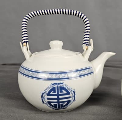 Antique Japanese Wicker Handle Blue & White Floral Teapot W/ 4 Cups Marked - Thumbnail 4