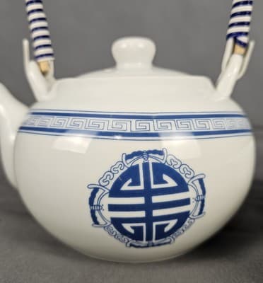 Antique Japanese Wicker Handle Blue & White Floral Teapot W/ 4 Cups Marked - Thumbnail 6