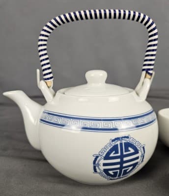 Antique Japanese Wicker Handle Blue & White Floral Teapot W/ 4 Cups Marked - Thumbnail 5