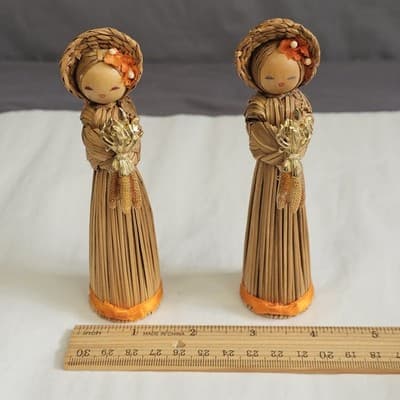 Vintage Korean Straw Doll With Wood Base & Corn Pin Rare Folk Art 5” Set of 2 - Thumbnail 11