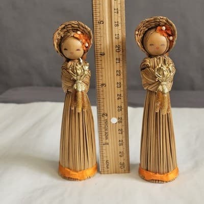 Vintage Korean Straw Doll With Wood Base & Corn Pin Rare Folk Art 5” Set of 2 - Thumbnail 12