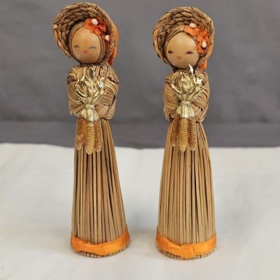Vintage Korean Straw Doll With Wood Base & Corn Pin Rare Folk Art 5” Set of 2 - Thumbnail 3