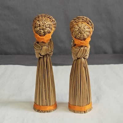 Vintage Korean Straw Doll With Wood Base & Corn Pin Rare Folk Art 5” Set of 2 - Thumbnail 5
