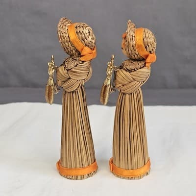 Vintage Korean Straw Doll With Wood Base & Corn Pin Rare Folk Art 5” Set of 2 - Thumbnail 4