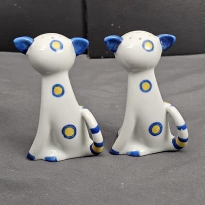 Vintage 1950’s Mid Century Yellow Blue Polka Dot Cat Salt & Pepper Shakers Japan - Thumbnail 2