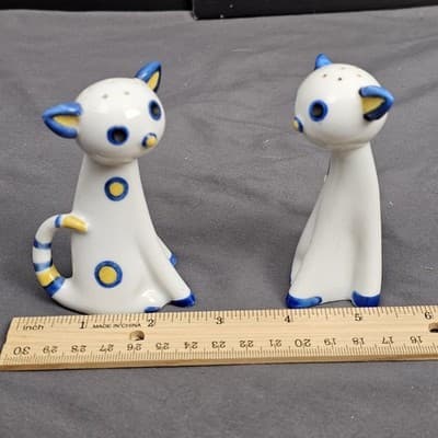 Vintage 1950’s Mid Century Yellow Blue Polka Dot Cat Salt & Pepper Shakers Japan - Thumbnail 6