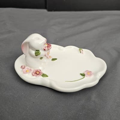 Ring- Trinket Tray Bunny Rabbit W/Pink Flowers 1985 Avon Ceramic Vintage - Thumbnail 2