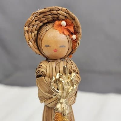 Vintage Korean Straw Doll With Wood Base & Corn Pin Rare Folk Art 5” Set of 2 - Thumbnail 2
