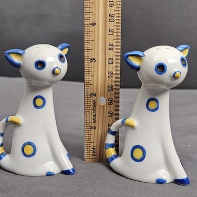 Vintage 1950’s Mid Century Yellow Blue Polka Dot Cat Salt & Pepper Shakers Japan - Thumbnail 7