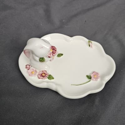 Ring- Trinket Tray Bunny Rabbit W/Pink Flowers 1985 Avon Ceramic Vintage - Thumbnail 3