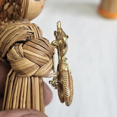 Vintage Korean Straw Doll With Wood Base & Corn Pin Rare Folk Art 5” Set of 2 - Thumbnail 7