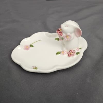 Ring- Trinket Tray Bunny Rabbit W/Pink Flowers 1985 Avon Ceramic Vintage - Thumbnail 4