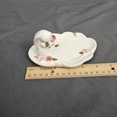 Ring- Trinket Tray Bunny Rabbit W/Pink Flowers 1985 Avon Ceramic Vintage - Thumbnail 7