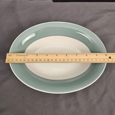 Vintage MCM Restaurant Ware Aqua Band Oval Serving Bowl Unmarked - Thumbnail 6