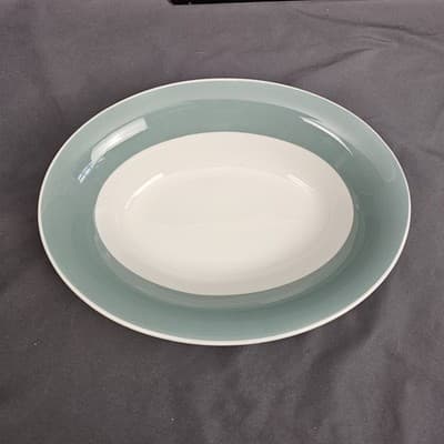 Vintage MCM Restaurant Ware Aqua Band Oval Serving Bowl Unmarked - Thumbnail 3