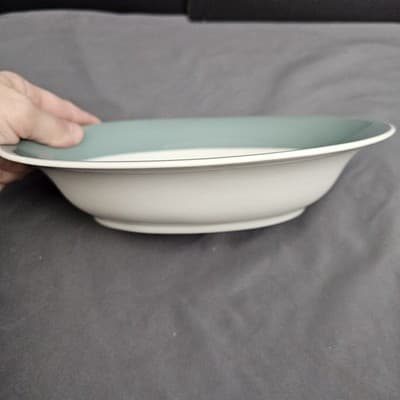 Vintage MCM Restaurant Ware Aqua Band Oval Serving Bowl Unmarked - Thumbnail 4