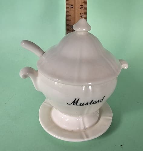 Vintage Menschik Goldman White & Black Mustard Condiment Jar with Spoon - Thumbnail 5