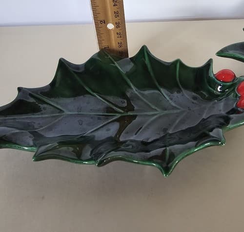 Vintage Set of 2 Green Holly Berry Candy Nut Dish Christmas Holiday Glass - Thumbnail 7