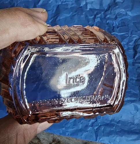 Czechoslovakian Trinket/Jewelry Dish Pink Glass stamped Irice With Lid - Thumbnail 6