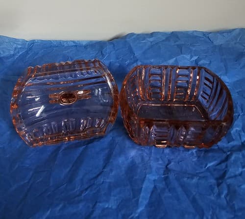 Czechoslovakian Trinket/Jewelry Dish Pink Glass stamped Irice With Lid - Thumbnail 2
