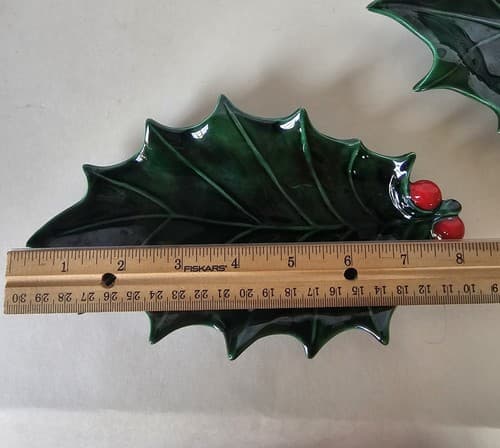 Vintage Set of 2 Green Holly Berry Candy Nut Dish Christmas Holiday Glass - Thumbnail 5