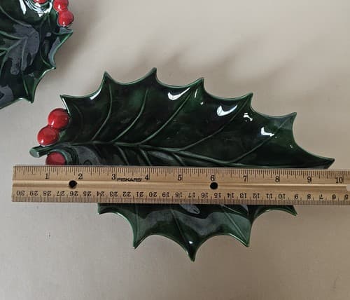 Vintage Set of 2 Green Holly Berry Candy Nut Dish Christmas Holiday Glass - Thumbnail 2