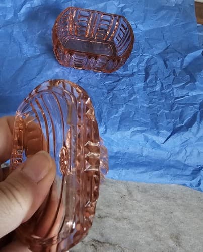 Czechoslovakian Trinket/Jewelry Dish Pink Glass stamped Irice With Lid - Thumbnail 3