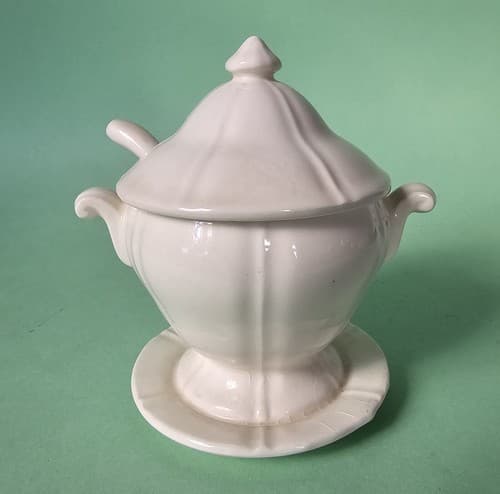 Vintage Menschik Goldman White & Black Mustard Condiment Jar with Spoon - Thumbnail 2