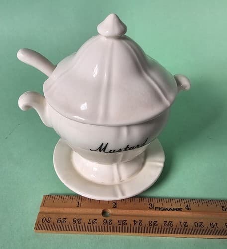Vintage Menschik Goldman White & Black Mustard Condiment Jar with Spoon - Thumbnail 6