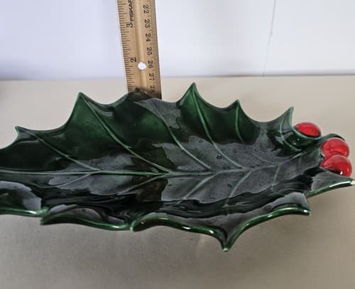 Vintage Set of 2 Green Holly Berry Candy Nut Dish Christmas Holiday Glass - Thumbnail 4
