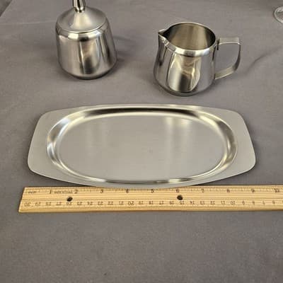 Vintage 1970 Oneida 18/8 Stainless Steel Sugar & Creamer w/ Matching Plate Japan - Thumbnail 11