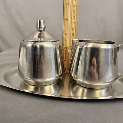 Vintage 1970 Oneida 18/8 Stainless Steel Sugar & Creamer w/ Matching Plate Japan - Thumbnail 12