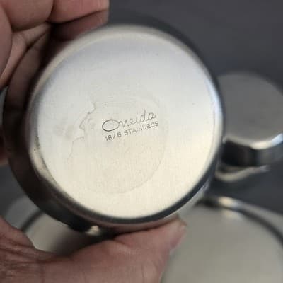 Vintage 1970 Oneida 18/8 Stainless Steel Sugar & Creamer w/ Matching Plate Japan - Thumbnail 8